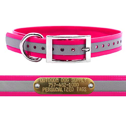 Outdoor Dog Supply 1" Heavy Duty Reflective Waterproof D-Ring Dog Collar for Medium & Large Dogs with 3/4" Custom Brass Nameplate (Reflective Pink, 18") - color: Reflective Pink, size: 18" Long