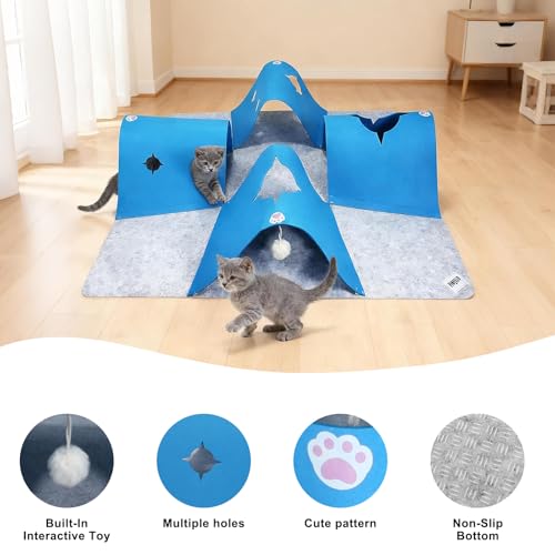 35.4" Large Interactive Felt Cat Activity Play Mat – Ripple Style Hide & Seek Tunnel with Hanging Ball, Foldable Snuffle Mat for Indoor Cats, Kittens, Rabbits, Small Pets, Blue - color: Grey-Blue