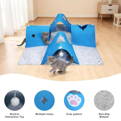 35.4" Large Interactive Felt Cat Activity Play Mat – Ripple Style Hide & Seek Tunnel with Hanging Ball, Foldable Snuffle Mat for Indoor Cats, Kittens, Rabbits, Small Pets, Blue - color: Grey-Blue