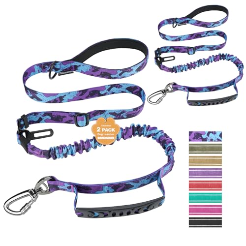 2 Pack Heavy Duty Dog Leash for Medium Large Dogs that Pull,4-6FT Shock Absorbing Bungee Tactical Dog Leash with 2 Padded Handle Car Seatbelt,Reflective Walking Training Lead,Purple Camo - color: 2-Pack Purple Camo