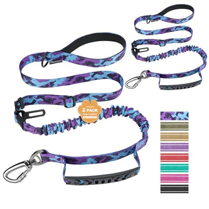 2 Pack Heavy Duty Dog Leash for Medium Large Dogs that Pull,4-6FT Shock Absorbing Bungee Tactical Dog Leash with 2 Padded Handle Car Seatbelt,Reflective Walking Training Lead,Purple Camo - color: 2-Pack Purple Camo