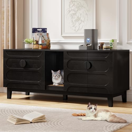 ONBRILL 59 Inches Cat Litter Box Enclosure for 2 Cats, Hidden Litter Boxes Furniture w/Cat Scratch Pad, Modern Large Pet House with Double Room, Wooden TV Stand for Living Room, Black