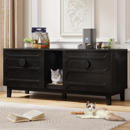ONBRILL 59 Inches Cat Litter Box Enclosure for 2 Cats, Hidden Litter Boxes Furniture w/Cat Scratch Pad, Modern Large Pet House with Double Room, Wooden TV Stand for Living Room, Black