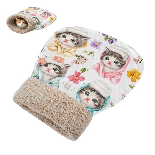 YETTASBIN Self-Warming Cat Sleeping Bag - Cute Kittens Semi-Enclosed Anti-Anxiety Calming Cat Bed Cave, Cozy Plush Pet Snuggle Sack with Soft Fleece Lining for Cat Dog Kitten, 19” x 23”