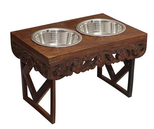 Elevated Pet Feeder for Dogs and Cats - The Bali Carved Wood Pet Feeding Stand with Two Stainless Steel Bowls - Three Heights Adjustable Raised Dog Bowl - Food Water Pet Feeding Station - IRONGATE - color: The Bali Hand Carved Wood - Adjustable