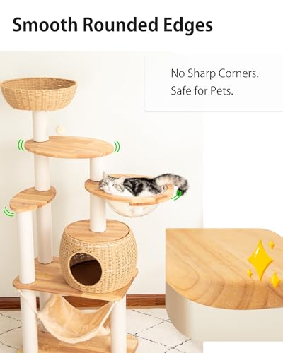 Wood Cat Tree for Large Cat, 57-Inch Tall Cat Tower with Scratching Post for Indoor Cats, Multi-Level Cat Condo with Hand-Woven Cat Bed and Hammock Acrylic Bowl Easy to Clean (DC888) - color: Nature DC888