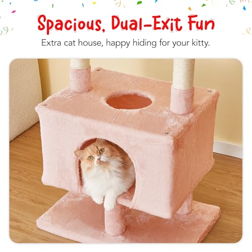 Pink Cat Tree, Floor to Ceiling Cat Tower Adjustable Height [92.9-102.4 in=235-258cm], 7 Tiers Cat Climbing Play House with Scratching Post, Cozy Condo & Hammocks for Indoor Cats - color: Pink