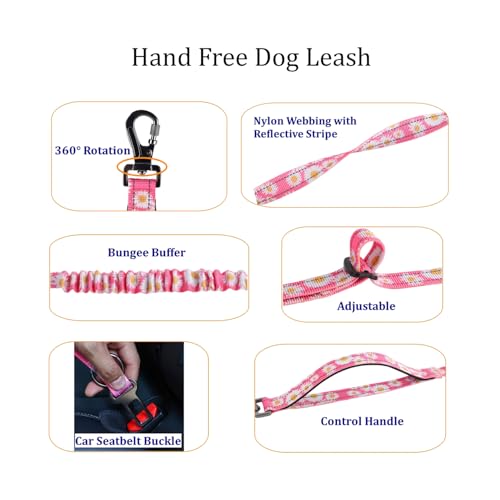 Hands Free Dog Leash, No Pull Bungee Dog Running Waist Leash, with Car Seat Belt, Reflective Stripes, Heavy Duty for Medium and Large Dogs. (Daisy Pink, Large) - color: Daisy Pink