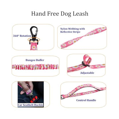 Hands Free Dog Leash, No Pull Bungee Dog Running Waist Leash, with Car Seat Belt, Reflective Stripes, Heavy Duty for Medium and Large Dogs. (Daisy Pink, Large) - color: Daisy Pink