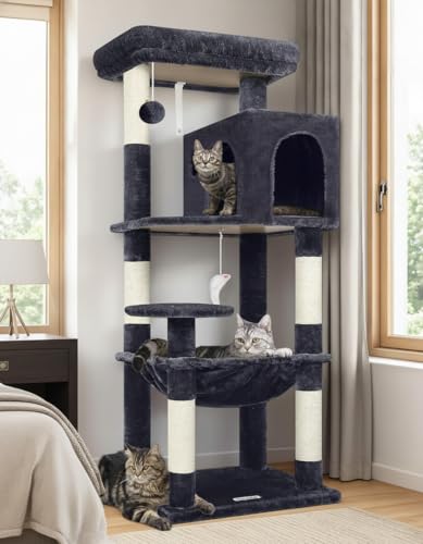 Globlazer Cat Tree Tower with Scratching Post for Indoor Cats, 53inch Tall Plush Multi-Level Cat Climbing Tower Condo House with Large Hammock, Spacious Cat Condo, Big Padded Top Perch, F53, Dark Gray - color: Dark Gray