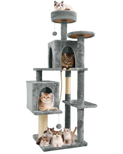 58.5inch Large Cat Tree Tower Condo for Indoor Cats, Soft Plush Multi-Level Climbing Tree Cat House, Scratching Post, More Entrance/Exit, Sisal Rope, Grey - color: Grey
