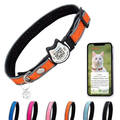 Cat Collar with Bells Reflective Cat Collars Breakaway with Oxford Cloth Soft Padding Adjustable Kitten Collar with QR Code（Orange） - color: Orange