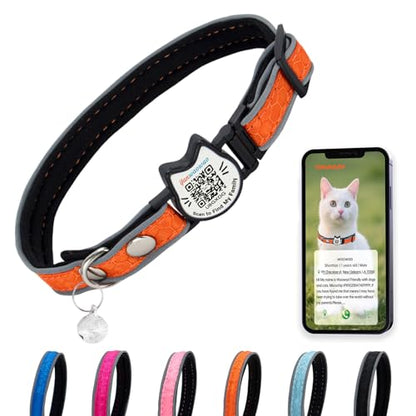 Cat Collar with Bells Reflective Cat Collars Breakaway with Oxford Cloth Soft Padding Adjustable Kitten Collar with QR Code（Orange） - color: Orange