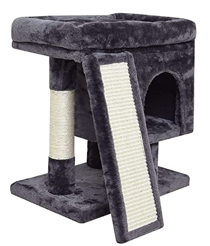 SYANDLVY Small Cat Tree for Indoor Cats Large Adult, Activity Tower with Scratching Post, Modern House with Padded Perch, Kittens Condo with Board, Cat Cave (Smoky Grey) - color: Smoky Grey