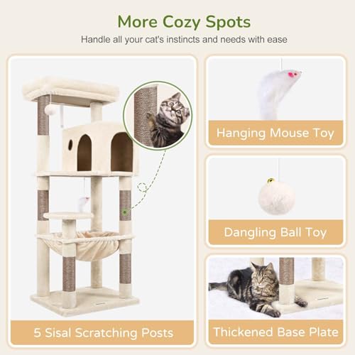 Globlazer Cat Tree Tower with Scratching Post for Indoor Cats, 53inch Tall Plush Multi-Level Cat Climbing Tower Condo House with Large Hammock, Spacious Cat Cave, Big Padded Top Perch Bed, F53, Beige - color: Beige