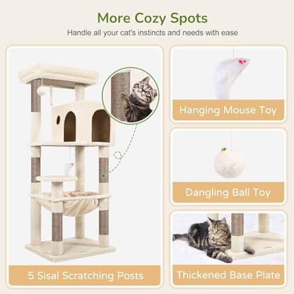 Globlazer Cat Tree Tower with Scratching Post for Indoor Cats, 53inch Tall Plush Multi-Level Cat Climbing Tower Condo House with Large Hammock, Spacious Cat Cave, Big Padded Top Perch Bed, F53, Beige - color: Beige