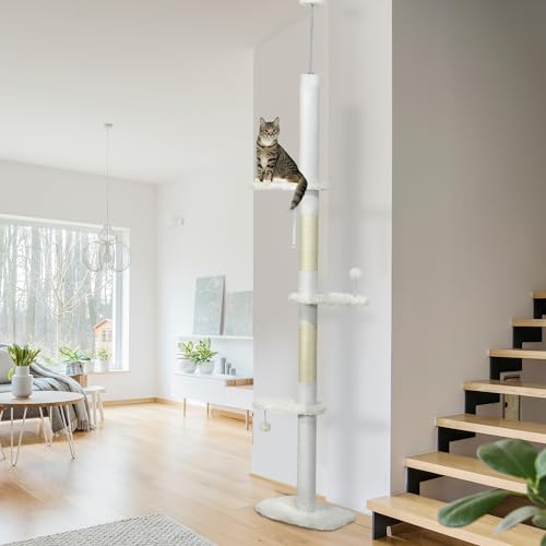 PawHut Floor to Ceiling Cat Tree with Scratching Posts, 88.5"-100.5" Adjustable Height, Cat Climbing Tower with Cloud Shape Platforms, Toy Balls, Anti-toppling Device, White