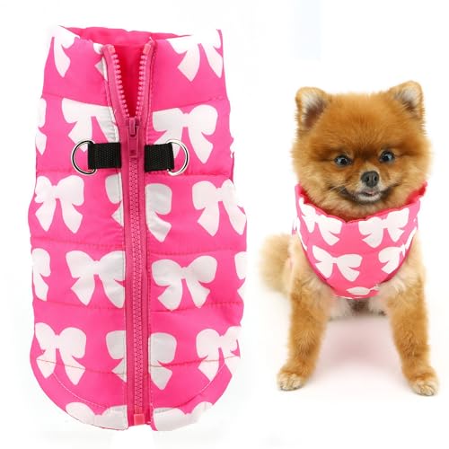 SMALLLEE_LUCKY_STORE Pet Water Resistant Winter Jacket Vest with D-Ring for Small Dog Cat Zip-up Padded Puppy Coat Chihuahua Yorkie Kitten Warm Clothes, Hot-Pink, XS - color: hot pink, size: XS(chest 11.0" back 9.0")