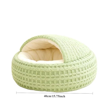 Hooded Plush Cat Bed - Semi-Enclosed Shell Pet Nest, Cozy Warming Anti-Slip Bed for Puppies & Kittens(Green,S) - color: Green, size: S