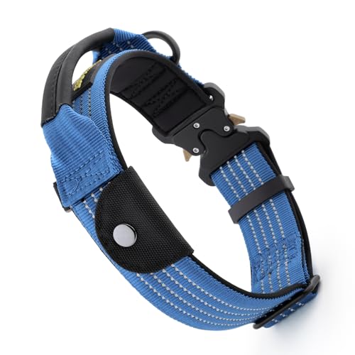Plutus Pet Tactical Dog Collar with Tracker Pocket for AirTag, Adjustable Reflective Nylon Collar, Metal Buckle, Leather-Wrapped Handle, Soft Padded for Medium Large Dogs (Blue, M) - color: Blue, size: M