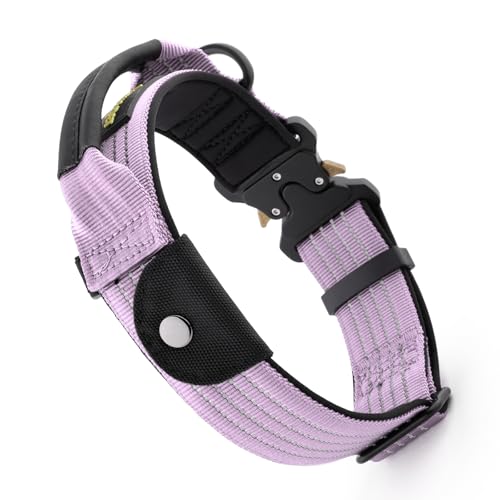 Plutus Pet Tactical Dog Collar with Tracker Pocket for AirTag, Adjustable Reflective Nylon Collar, Metal Buckle, Leather-Wrapped Handle, Soft Padded for Medium Large Dogs (Purple, M) - color: Purple, size: M