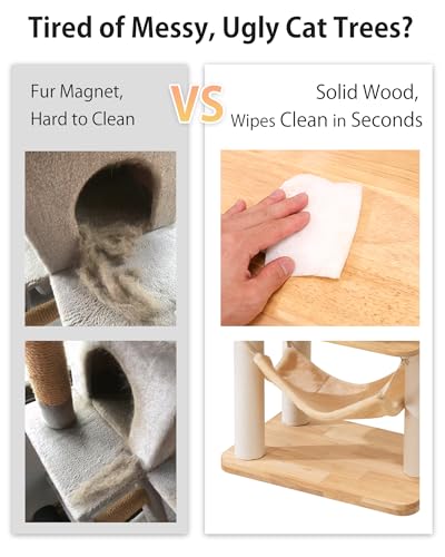 Wood Cat Tree for Large Cat, 57-Inch Tall Cat Tower with Scratching Post for Indoor Cats, Multi-Level Cat Condo with Hand-Woven Cat Bed and Hammock Acrylic Bowl Easy to Clean (DC888) - color: Nature DC888