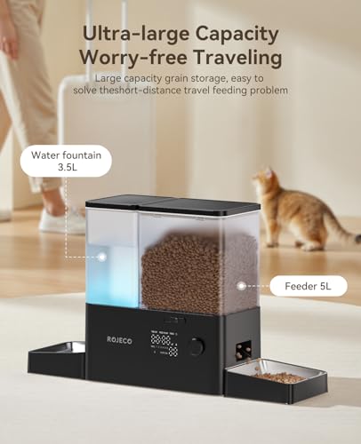 Rojeco 36Cups/8.5L Pet Automatic Cat Feeder and Gravity Water Dispenser,Stainless Steel Bowls 2-in-1 Set Large Capacity 5L Food Feeder and 3.5L Water Fountain for Cats,Pets,Small Dogs,Black - color: Black, size: 8.5L-Standard