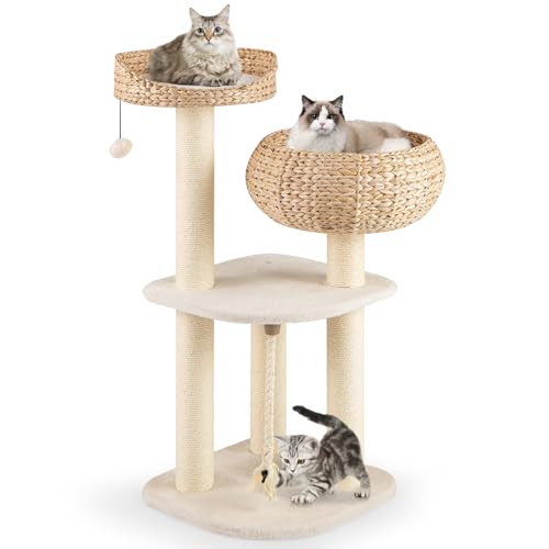 Tangkula Modern Cat Tree, Tall Cat Tower with Natural Sisal Scratching Post, Hand-Made Wicker Cat Condo & Top Perch, Funny Hanging Toy Ball, Cute Cat Tree Tower for Indoor Cats - color: Off-White, size: 41 Inch