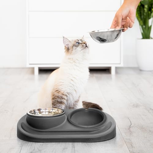 Ubbi Pet Feeding Bowls Set with Non-Slip Mat, Elevated & Flat Stainless Steel Dog or Cat Bowls, Ergonomic 15° Angled Feeder, Dishwasher Safe, Charcoal Gray - color: Charcoal