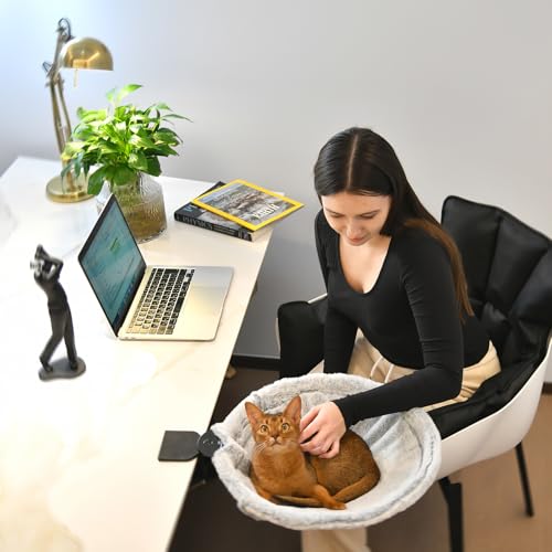 Round Cat Desk Bed, Space Saving Elevated Pet Hammock for 40lbs Cats, All-Season Office Workspace Cat Seat, Sturdy Desk Mounted Bed with Washable Breathable Fabric, 360 View Hammock - color: Rose Velvet-Beige