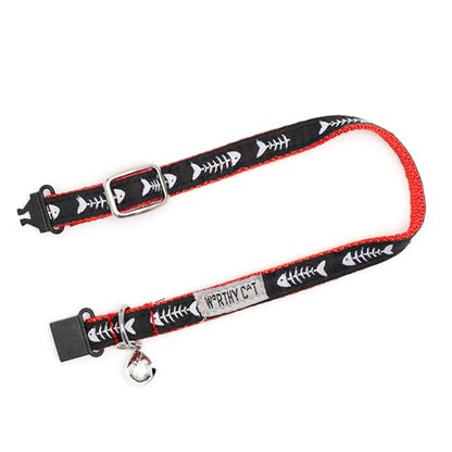 THE WORTHY DOG Patterned Dinner Cat Collar with Bell, Adjustable Nylon Safety Collar, Red, One Size - color: Red-dinner