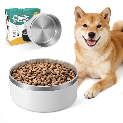 IKITCHEN Dog Bowl for Food and Water, 40 Oz Stainless Steel Pet Feeding Bowl, Durable Non-Skid Double Wall Insulated Heavy Duty with Rubber Bottom for Medium Large Dogs (40 Ounces/5 Cup, White) - color: White, size: 40 Ounces