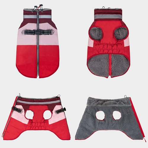 Dog Jacket for Small Dogs Waterproof Dog Coat with Reflective Strips and Harness Built in Warm Fleece Dogs Winter Coat Windproof with Back Zipper, Red M - color: Red, size: Medium