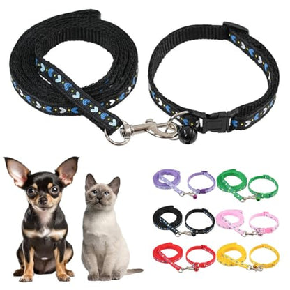 Black Bell Collar for Small Dogs Leash Set,Adjustable Buckle Heart Print Nylon Dog Collars for Xs XSmall Small Puppy Dogs Cat Kitten X-Small，Neck 7.5-12.5 Inch - color: Black2