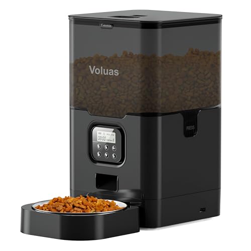 VOLUAS Cat Dry Food Dispenser with Timer, Automatic Cat Feeders with Desiccant Bag, Programmable Portion Size Control 4 Meals Per Day, 10s Voice Recorder - color: Black Transparent, size: 6 L