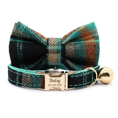 Personalized Plaid Cat Collar with Bell - Non-Breakaway Custom Polyester Kitten Collar with Engraved Name & Phone Number (Pattern 07, S (6.5-10.5 Inches)) - color: Pattern 07, size: S (6.5-10.5 Inches)