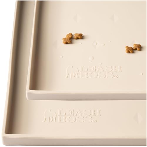 Leash Boss Dog Food Mat - 2-Pack, Waterproof Cat & Dog Bowl Mat for Food and Water, Silicone Pet Feeding Mats for Floors, Non-Slip Placemat with High Edges, Puppy Essentials (Small: 18"x11", Beige) - color: Beige, size: 2 Pack - S - 18" x 11