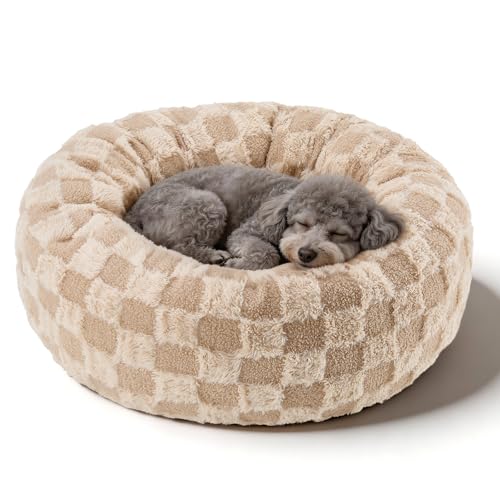 Dog Calming Beds for Small Medium Large Dogs - Round Donut Washable Puppy Dog Bed, Anti-Slip Faux Fur Fluffy Donut Cuddle Anxiety Cat Pet Bed (24" Grid) - color: Grid, size: 24"L x 24"W x 8"Th
