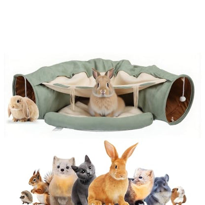 VelvetPaw 2-in-1 Foldable Matcha Bunny Tunnel & Pet Cushion Bed | Collapsible Hideout Toy with Removable Washable Soft Pad | Ideal for Rabbits, Bunnies & Kittens - Indoor Rest, Exercise & Play - color: Matcha