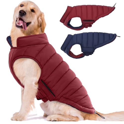 Lelepet Reversible Dog Coat Waterproof Dog Jacket Windproof Puffer Vest for Winter Warm Lightweight Coats for Medium Dogs Adjustbale Hook & Loop Pet Apparel with Leash Hole, French Bulldog, Wine Red L - color: Wine Red, size: L