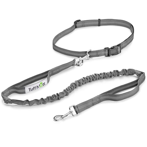 Tuff Mutt Hands Free Dog Leash for Walking Running Hiking, Waist Leash with Bungee, Adjustable Belt, Reflective Double Handle Design for Large Medium Dogs - color: Gray