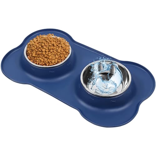 Dog Food Bowls Stainless Steel Dog Food and Water Bowl Set, Dog Bowls No Spill Non Slip Silicone Mat, Dog Dishes for Small Medium Size Dogs Cat Puppy Pet Food Feeding Bowls, Blue, 12oz - color: BLUE, size: 1½ Cup/12 oz each