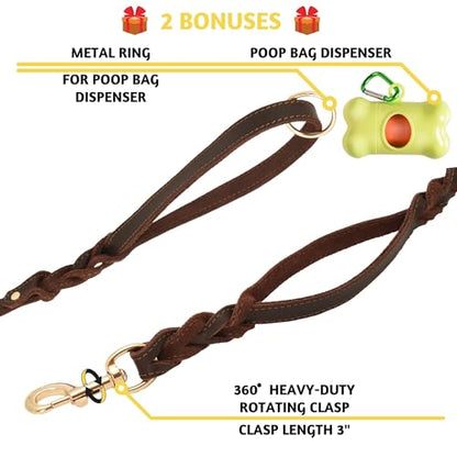 ADITYNA - Double Handle Leather Dog Leash 6ft - Heavy Duty Braided Dog Leash with Traffic Handle - Lead for Training and Walking Medium Large Breeds (Brown, Two Handles 6 Foot x 3/4") - color: Brown, size: Two Handles 6 foot x 3/4"
