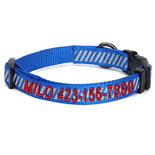 Pawtitas Reflective Dog Collar Reflective Thread Reflective Dog Collar Personalized Name Phone Number Adjustable Collar for Small Dogs Extra Small Puppy Blue Dog Collar Extra Small Breeds - color: Customized Blue, size: X-Small (Pack of 1)