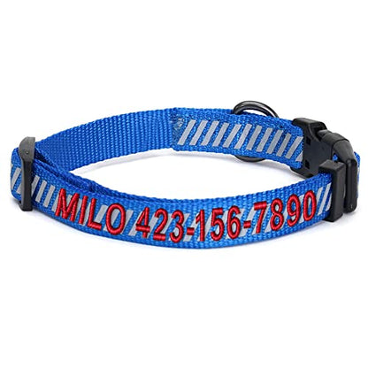 Pawtitas Reflective Dog Collar Reflective Thread Reflective Dog Collar Personalized Name Phone Number Adjustable Collar for Small Dogs Extra Small Puppy Blue Dog Collar Extra Small Breeds - color: Customized Blue, size: X-Small (Pack of 1)