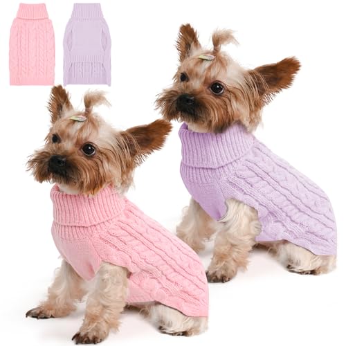 2 Pack Dog Sweaters for Small Dogs Winter Turtleneck Pullover Cable Knit Fleece Stretch Puppy Doggie Chihuahua Toy Poodle Yorkie Pomeranian Boy Girl Pet Clothes (XS, Pink & Purple) - color: Pink & Purple, size: X-Small