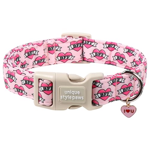 Unique Style Paws Valentine Dog Collar,Pink Heart BFF Print Dog Collar for Small Dogs,Soft Cotton Puppy Collars with Adjustable Buckle for Small,Medium,Large Dogs - color: Valentine-PinkBFF, size: L