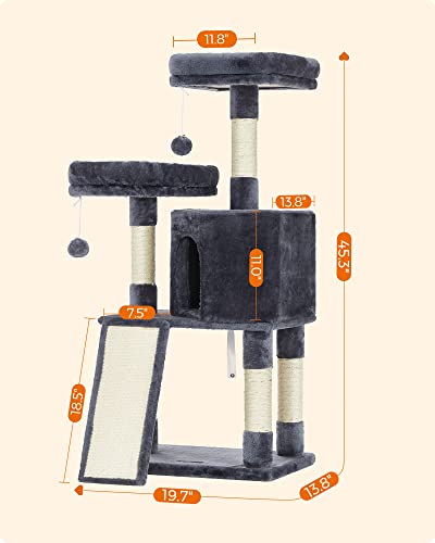 Feandrea Cat Tree, 45.3-Inch Cat Tower, Plush Condo with Scratching Post, Ramp, Perch, Spacious Cave, for Small Space, Smoky Gray UPCT141G01 - color: Smoky Gray