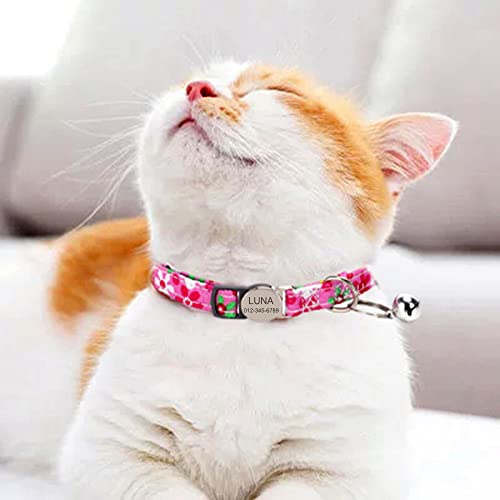 Personalized Breakaway Cat Collar with Bell - Name and Phone Number Engraved for Boys and Girls Kitten (Floral) - color: Floral