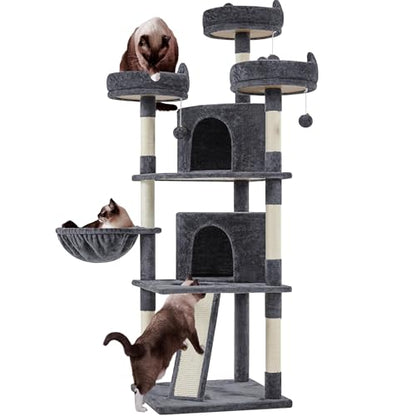 Yaheetech | 68.5in Cat Tree | for Large Cats | Multi-Level Cat Tower with 3 Wide Perches, Large Condo | Stable Pet Play House w/Sisal-Covered Scratching Posts & Board | Dark Gray - color: Dark Gray, size: 68.5in